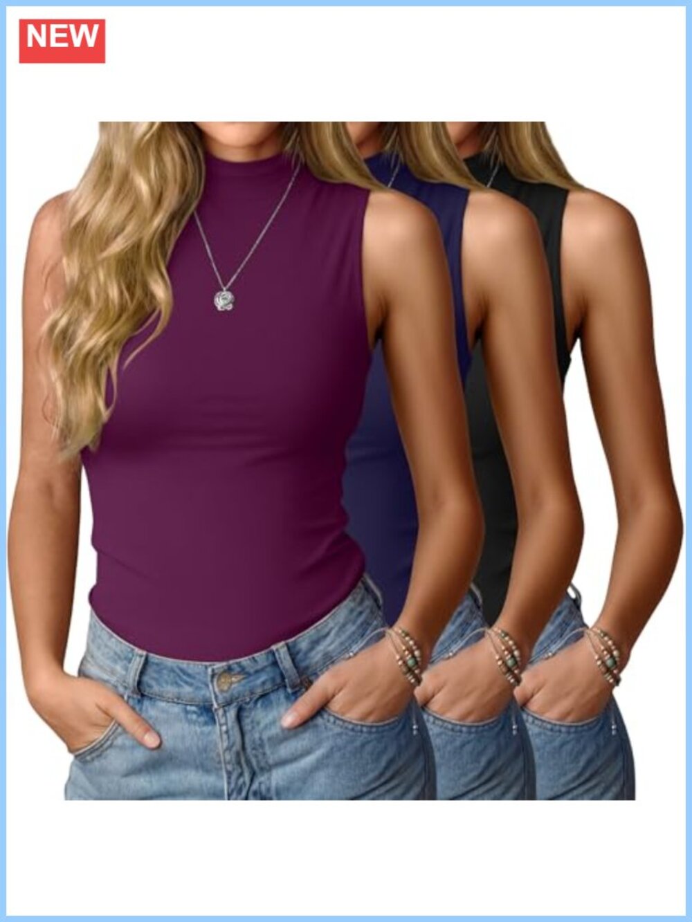 3 Pack Women's Ribbed Sleeveless Mock Neck Fitted Tank Tops
